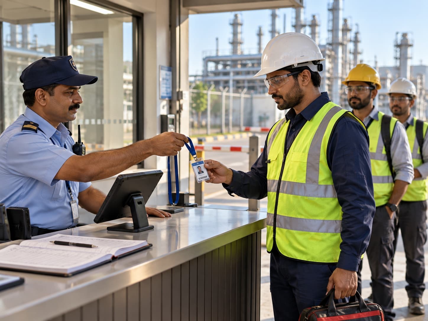 Security officer handing a work pass to a contract worker at the plant gatehouse