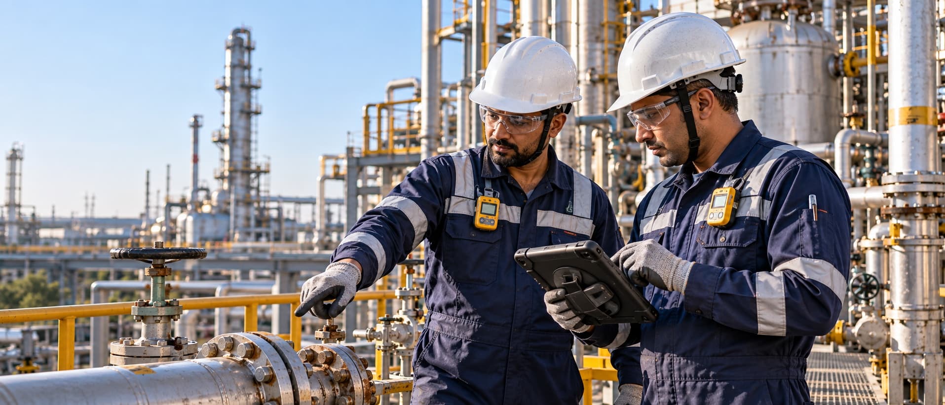Safety officer approving a work permit on an intrinsically safe tablet beside a process unit, with the technician who raised it