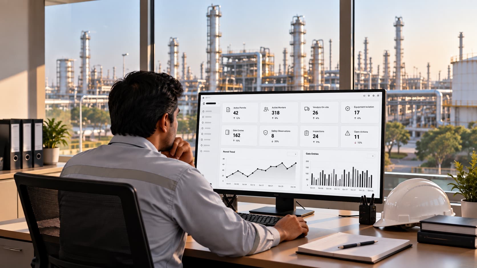 Shift supervisor checking the live plant dashboard on a monitor in an office overlooking a chemical plant